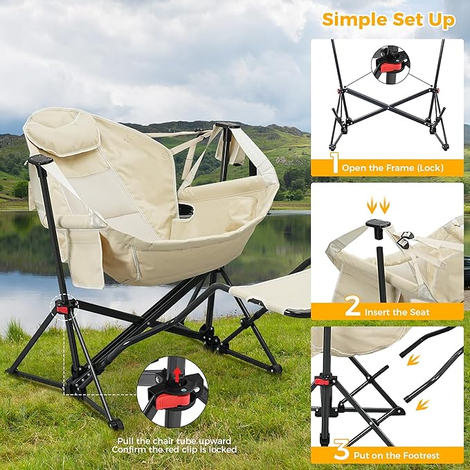 Ainfox Hammock Camping Chair with Footrest, Foldable Portable Rocking Chairs for Adults Outside Swinging Camp with Cup Holder Pillow for Outdoor Patio Poolside (Beige)