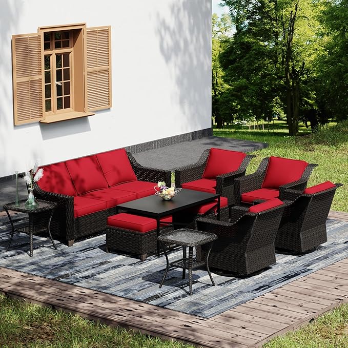 Joyside Wicker Patio Furniture Sets, 10 Pieces Upgraded Large Size Outdoor Furniture with 4 Swivel Rocking Patio Chairs, 3-Seat Sofa, Outdoor Ottoman, Thick Cushions, Wide Armrest, Red