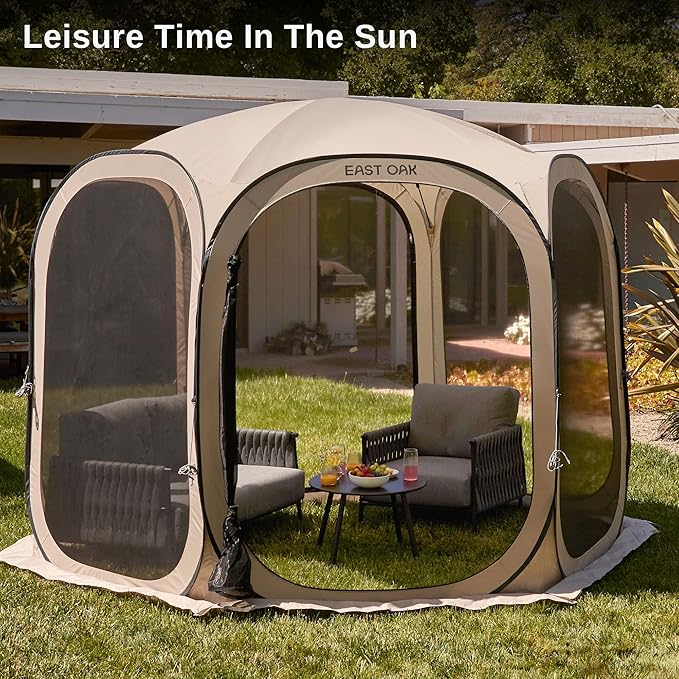 East Oak Screen House Tent Pop-Up, Portable Screen Room Canopy Instant Screen Tent 10 x 10 FT with Carry Bag for Patio, Backyard, Deck & Outdoor Activities, Brown