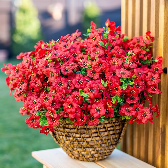 Artificial Flowers for Outdoors Fake Plants - 16 Bundles Faux Outside Greenery Boxwood No Fade Plastic Shrubs Fall Decor Farmhouse Home Garden Thanksgiving Mums (PureRed)