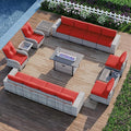 16-Piece Outdoor Patio Furniture Set with Rocking Swivel Chair, PE Wicker Rattan Sectional Sofa Patio Conversation Set with 55,000 BTU Fire Pit Table & Coffee Table, Red