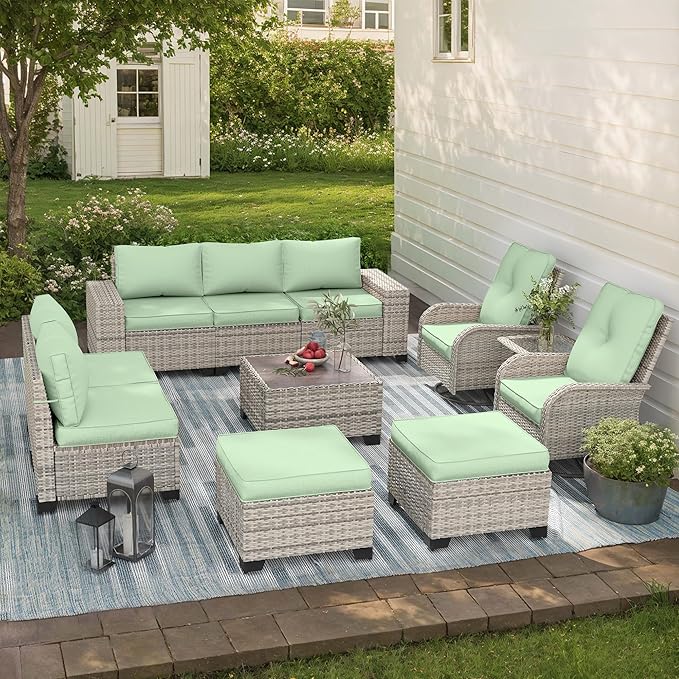 11-Piece Outdoor Patio Furniture Set with Rocking Swivel Chair Wicker Sectional Sofa Set, Patio Conversation Set with Ottomans & Coffee Table for Garden, Backyard, Poolside, Light Green