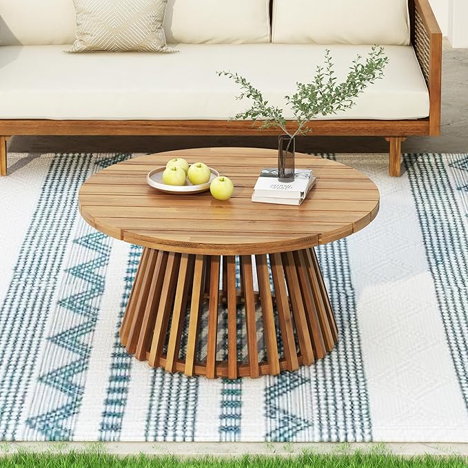 Merax Patio Outdoor Acacia Wood Round Coffee Table for Backyard, Lawn, Balcony, Teak Finish