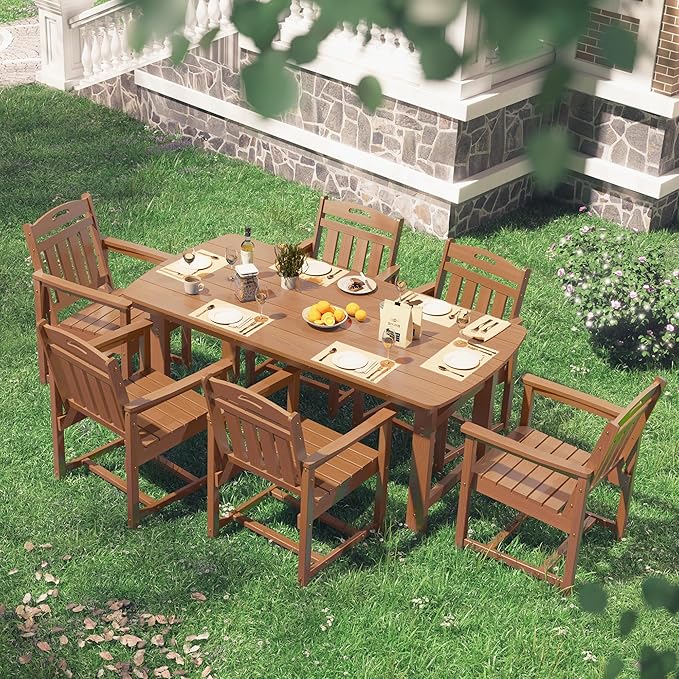 HDPE Outdoor Dining Set, Patio Table and Chairs Set, All-Weather 7-Piece Outside Table and 6 Chairs, 2" Umbrella Hole, Outdoor Furniture for Garden, Poolside, Backyard, Deck | Teak