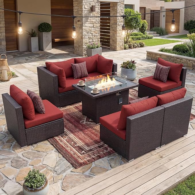 NICESOUL 7 Piece Modular Outdoor Furniture Set with Firepit Natural Gas&Propane, 29.3'' High Back L-Shaped 6-Seater Patio Wicker Sectional Sofa Couch Sets for Tall People, Brown Rattan and Red Cushion