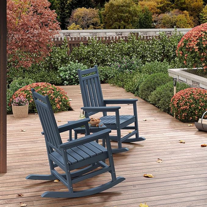 HDPE Rocking Chair Outdoor- Poly High Back Porch Rocker Chairs for Adults - All Weather Resistant Furniture for Patio Front Porch - Navy Blue