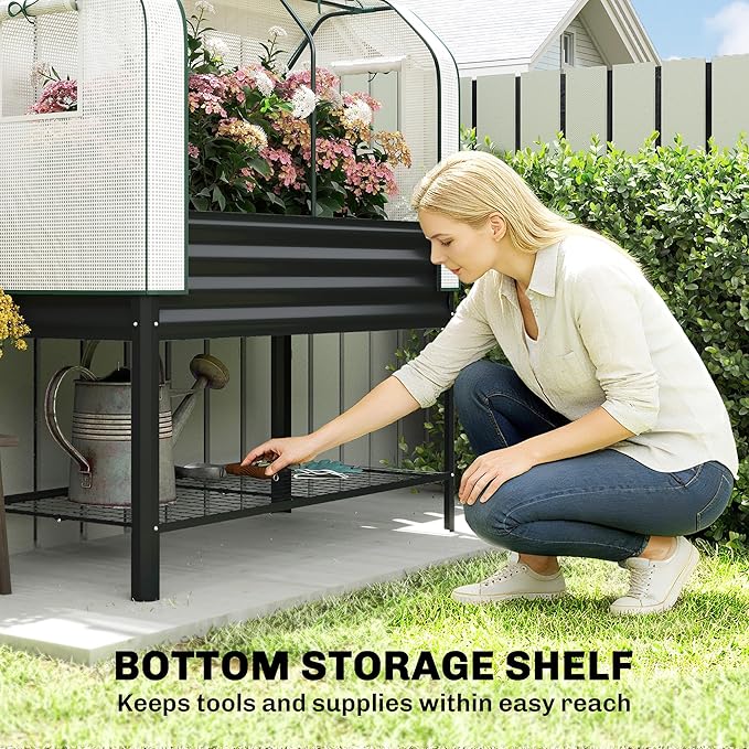Outsunny Galvanised Raised Garden Bed with Greenhouse Cover, Metal Elevated Garden Bed with Legs, Bed Liner and Bottom Shelf, Outdoor Raised Planter Box for Vegetables, Herbs, Flowers, Black