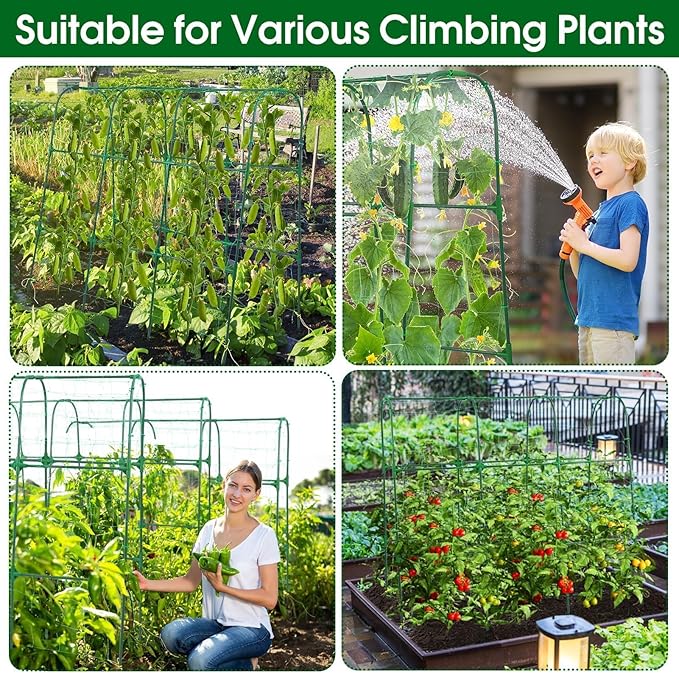 Garden Trellis for Climbing Plants Outdoor, Cucumber Trellis for Raised Bed Garden, Arch Trellis Support for Cucumbers Tomatoes Beans Peas, 50x48 inch, Metal Trellis with Netting, Green