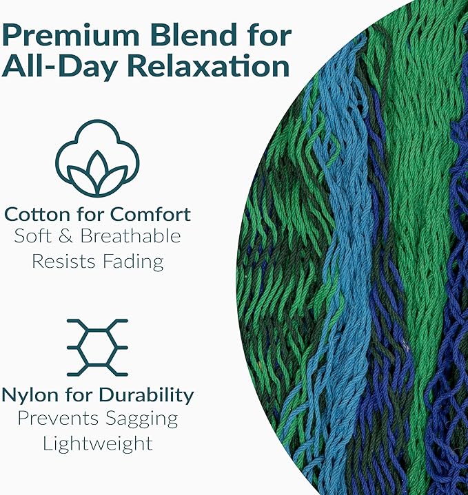 Sunnydaze Handwoven XXL Thick Cord Mayan Double Hammock for Outside - 625-Pound Capacity Heavy-Duty Outdoor Hammock - Tropical Lagoon