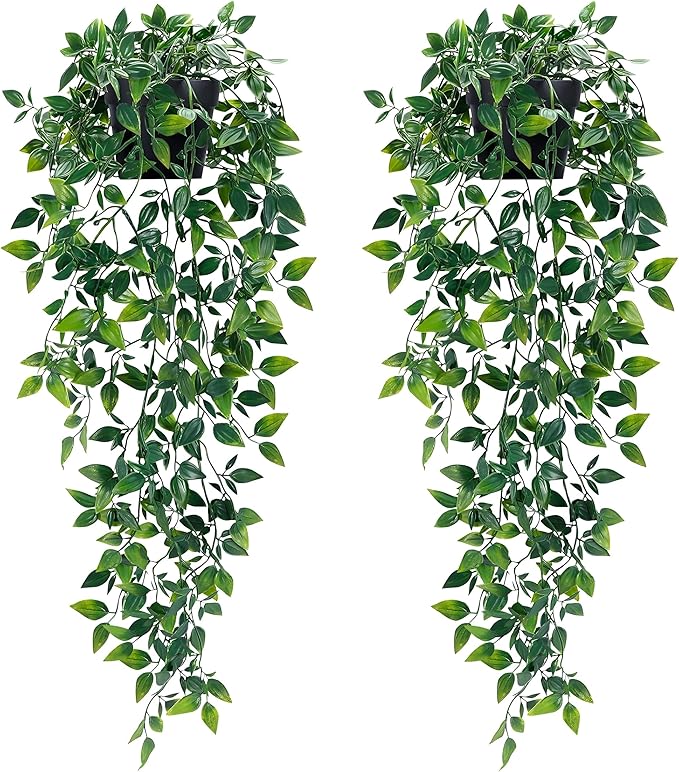 Waipfaru 2Pcs Fake Hanging Plants with Pot Deep Green Eucalyptus Leaves UV Resistant Fake Vines Ivy Artificial Plants Outdoor Faux Plants Indoor Bedroom Living Room Boho Wall Porch Shelf Decor