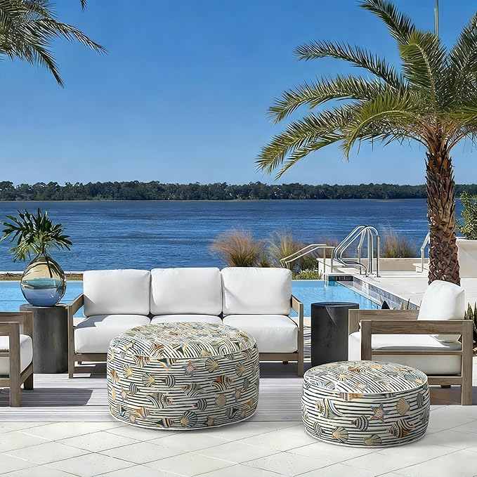 LVTXIII Indoor/Outdoor Extra Large Inflatable Ottoman Pouf D31 x H14 Inch, Round Footstool with Handle, Weather-Resistant Portable Furniture for Patio, Camping, Beach, Cabana Shells