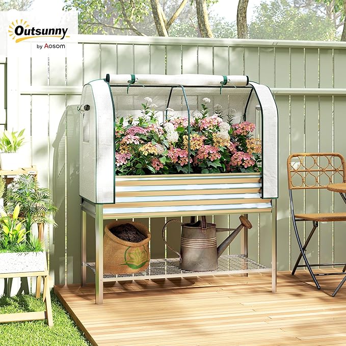 Outsunny Galvanised Raised Garden Bed with Greenhouse Cover, Metal Elevated Garden Bed with Legs, Bed Liner and Bottom Shelf, Outdoor Raised Planter Box for Vegetables, Herbs, Flowers, Silver