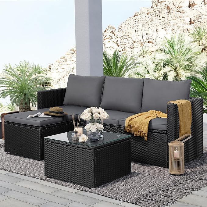 3-Piece Outdoor Patio Sectional Sofa Set with Glass Coffee Table & Ottoman — All-Weather PE Rattan Conversation Furniture, Black Rattan & Grey Cushions, Perfect for Garden, Backyard, Deck, Grey