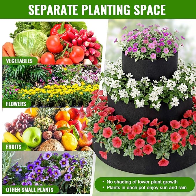 3 Tiered Strawberry Planter for Outdoor Plants, 23.6 Inch Heavy Duty Strawberry Garden Planter Grow Bags, Breathable Non Woven Fabric Raised Garden Bed for Vegetables Flower Herbs Gardening