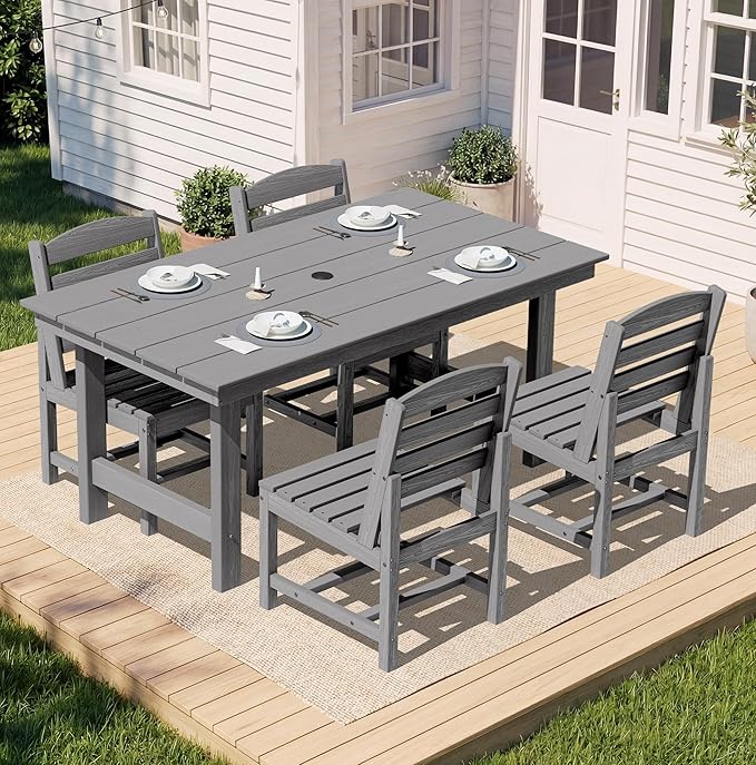 SERWALL Patio Dining Sets for 6 Person, HDPE Dining Set with 6 Armless Chairs, Gray
