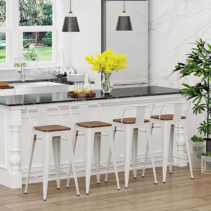 Yongchuang 24 inch Metal Bar Stools Set of 4 Counter Height Barstools Farmhouse Kitchen Bar Chairs with Wood Seat Low Back Cream White