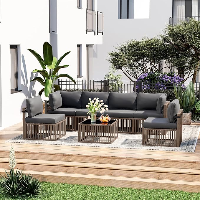 Pamapic 7 Piece Outdoor Sectional Sofa Set, All-Weather Patio Furniture with Washable Cushions, Waterproof Brown Rattan Wicker Conversation Set for Backyard, Poolside, Gray Cushion