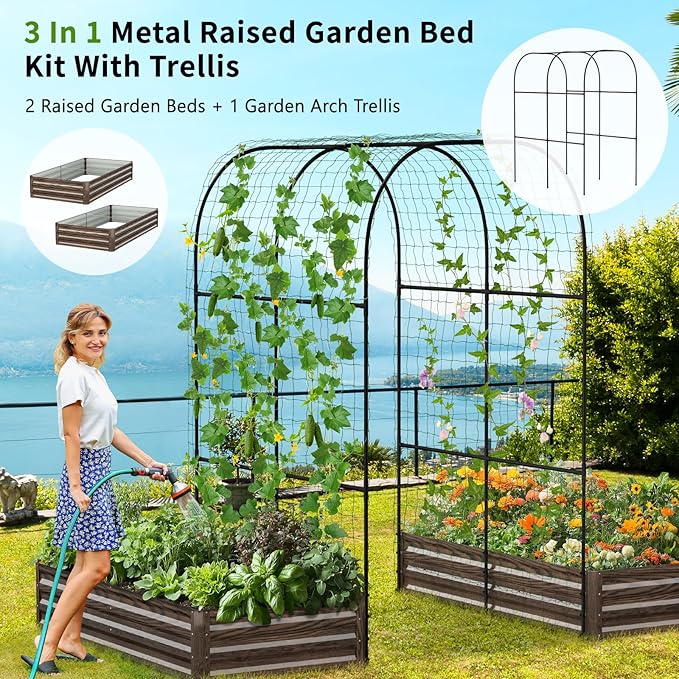 DoCred 3 in 1 Raised Garden Bed with 87in Tall Arch Trellis for Climbing Plants, Galvanized Planter Garden Box Outdoor for Gardening, Climbing Vegetables, Flower
