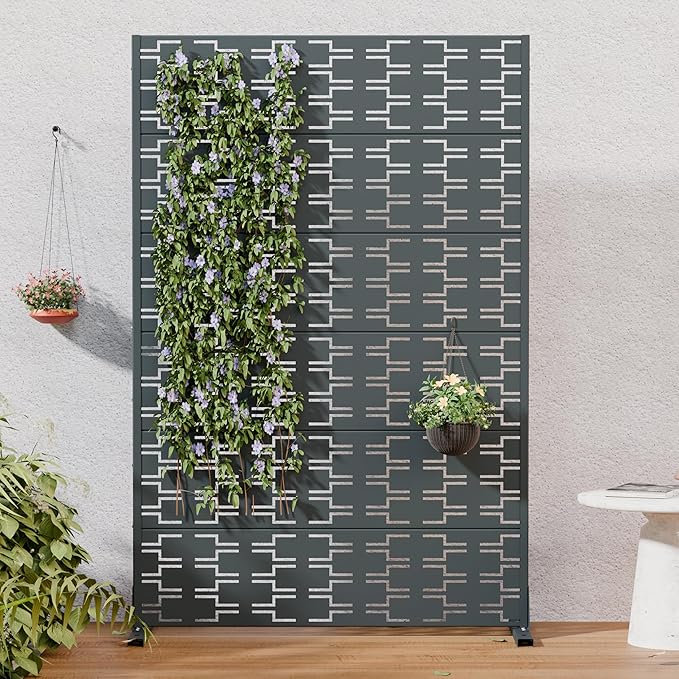 Casaphoria Metal Privacy Screen Outdoor, 72" H x 47" W Freestanding Decorative Privacy Screen for Patio Deck Balcony Garden with Stable Base, Drakgrey-Brick