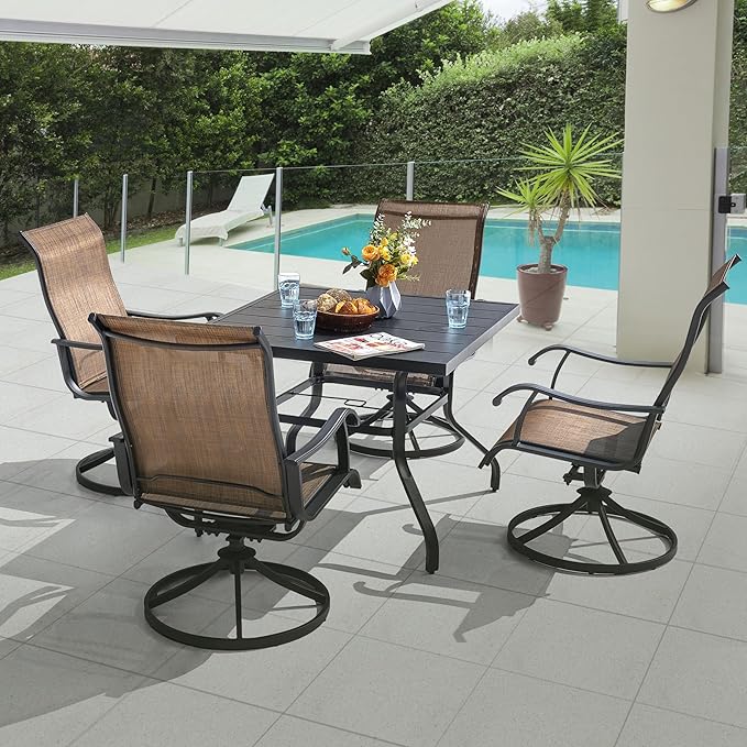 NUU GARDEN Outdoor Dining Set 5-Piece Patio Set with Weather-Resistant Table and 4 Textilene Swivel Chairs for Yard, Deck and Poolside, Brown and Black