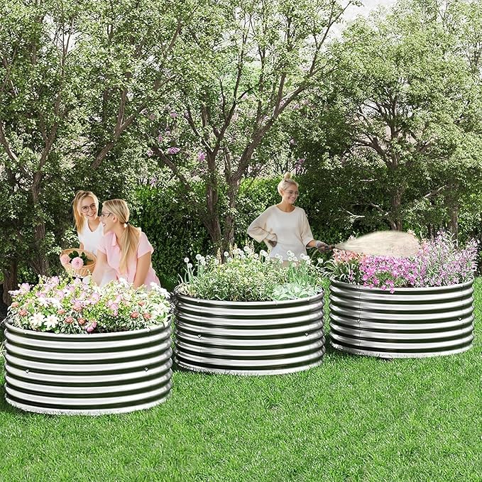 4 Pack 3x3FT Round Corrugated Galvanized Steel Raised Garden Bed Outdoor, Metal Above Ground Garden Bed for Vegetables and Flowers, Raised Beds for Gardening-3x3FTx10Inch