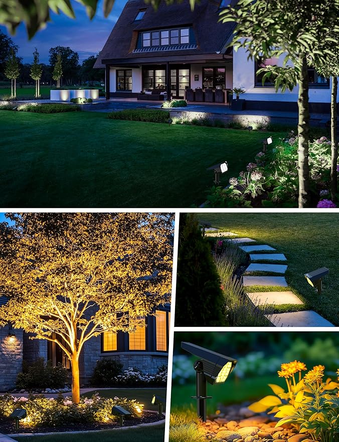 Brightown 4Pack Solar Spot Lights Outdoor [Cool & Warm Light 2-in-1], IP67 Solar Lights Outdoor Waterproof with 1800mAh, Two Mounting Methods Outdoor Solar Lights for Yard, Garden and Pathway