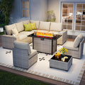 9 Piece Outdoor Patio Furniture Set with 43'' Fire Pit Table, Outdoor Sectional Furniture, Rattan & Wicker Modern Modular Conversation Set Sofa Couch W/Water Resistant Washable Thick Cushions, Beige
