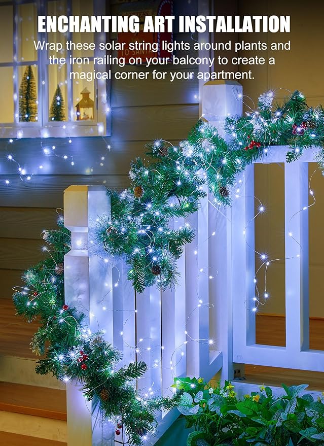 Brightown Outdoor Solar String Lights, 2 Pack 33 Feet 100 Led Solar Powered Fairy Lights with 8 Modes Waterproof Decoration Copper Wire Light for Patio Yard Trees Christmas Wedding Party (Pure White)