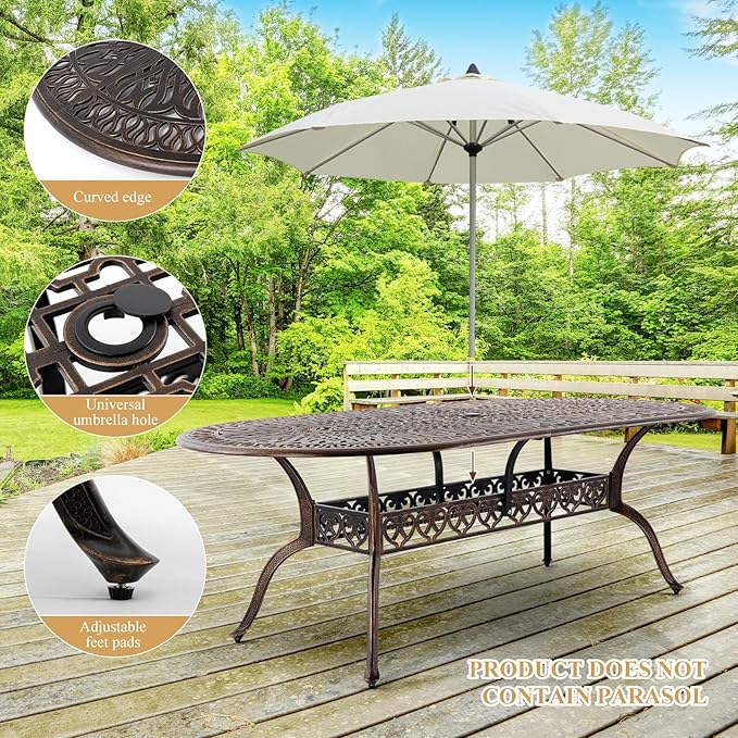 Outdoor Patio Dining Table - All-Weather Cast Aluminum 87" x 28.5“ Oval Patio Table with 2" Umbrella Hole for Balcony Lawn Garden Backyard