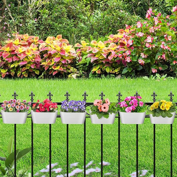 MADHOLLY Railing Planter with Drainage Holes - 6Pcs Sturdy Bucket Pots for Railing Fence, Countryside Style Metal Flower Pots for Herbs Balcony Garden Yard Decor, White