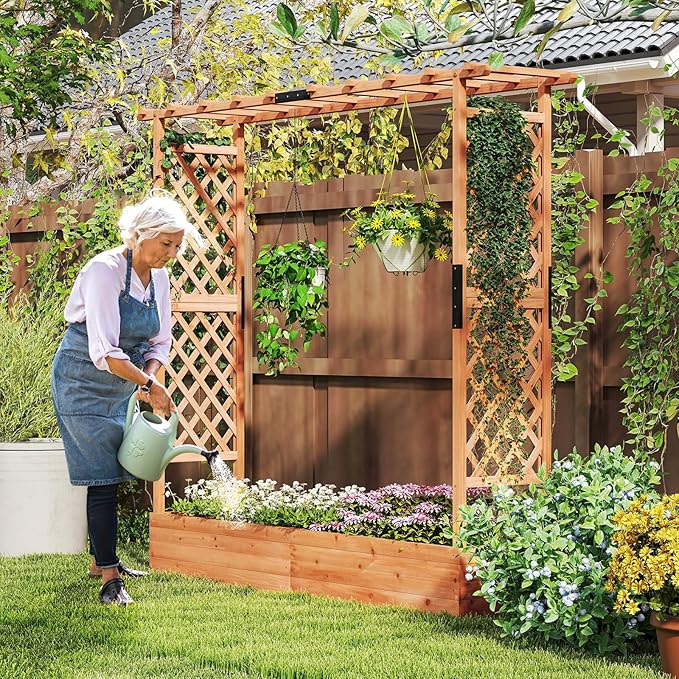 Giantex Raised Garden Bed with Trellis & Hanging Roof, Wood Planter Box with Bottom and Drainage Holes, Freestanding Garden Planter for Flower Vegetable Fruit Herb Climbing Vines, 77"x17"x72"