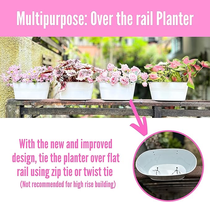LaLaGreen Rail Planter Outdoor (6 Pack, 11.8 Inch) White Metal Iron Hanging Flower Pots Deck Railings Fence Buckets Modern Countryside Boho Style Wall Mount Window Box Plant Holder Hooks Porch Decor