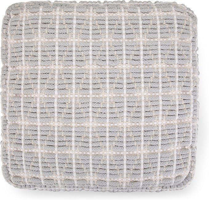 SIMPLIHOME Noreen Square Pouf - 18 inch Wide Upholstered Handwoven Cotton Ottoman in Light Blue and White, Boho Footstool or Extra Seating for Living Room with Polystyrene Filling, Assembled