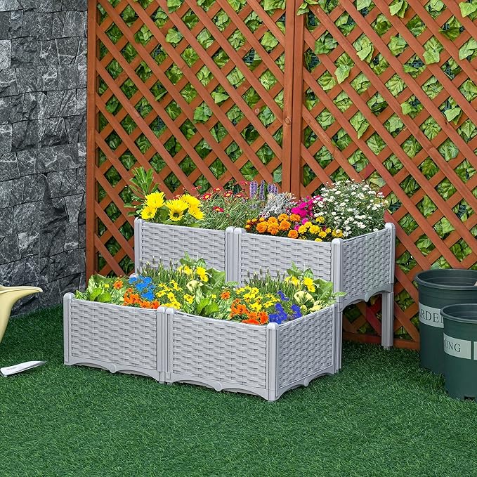 Outsunny 4 Piece Raised Garden Bed with Legs, Planter Box Raised Bed to Grow Flowers, Herbs & Vegetables, Gray