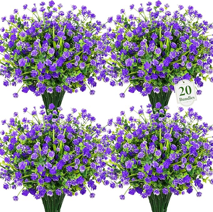 20 Bundles Artificial Flowers for Outdoors Fake Plastic Flowers UV Resistant Realistic Faux Plants Shrubs for Spring Summer Garden Porch Yard Patio Planter Window Box Home Decor, Purple
