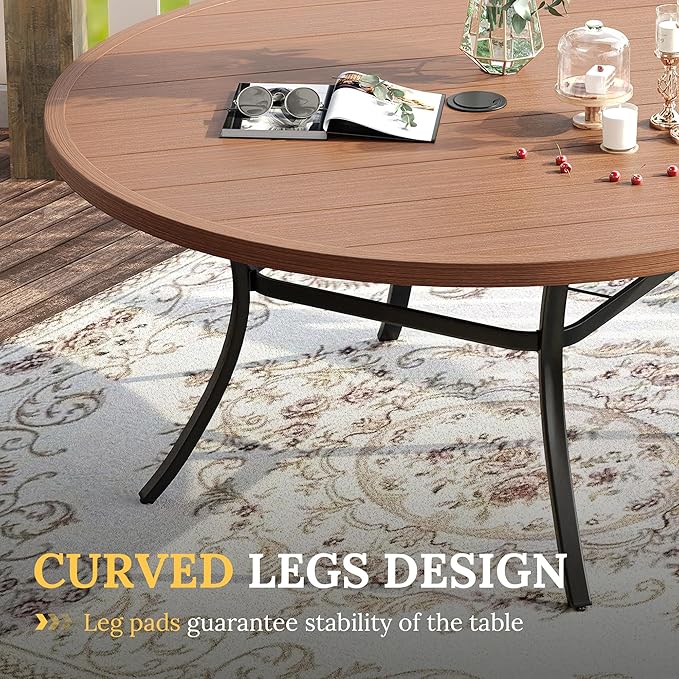 VICLLAX 63" Outdoor Round Patio Table with Umbrella Hole, All Weather Metal Round Outdoor Dining Table for Lawn Garden, 8-10 Person Table, Walnut Wood Grain