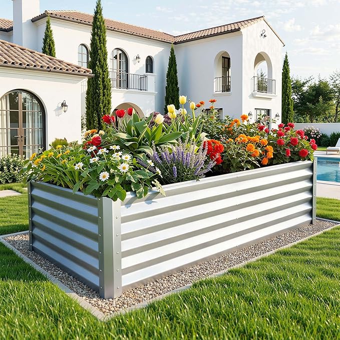 YITAHOME 6x3x3ft Large Raised Garden Bed Kit, Galvanized Metal Planter Box with Gloves, Support Rod, Outdoor Above Ground Planters for Plants Vegetables Flowers, Silver