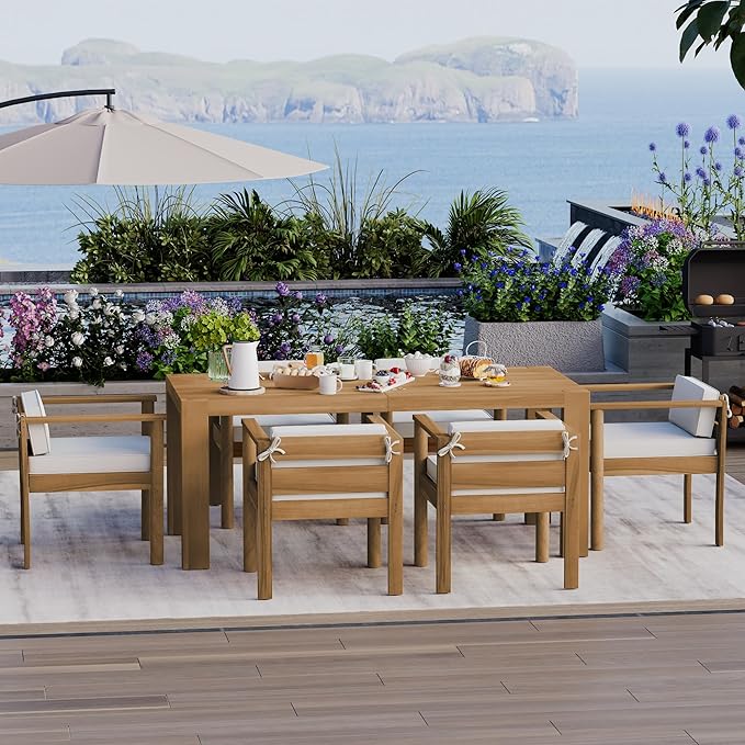 Merax 7-Piece Patio Dining Table Set,Outdoor Furniture Set with 72.8" Rectangle Table & 6 Chairs,Adjustable Leveling Feet,Umbrella Hole for Backyard,Garden, Poolside,Teak+ Beige