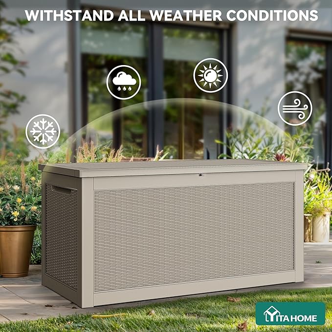 YITAHOME XXL 260 Gal Large Deck Box, Outdoor Resin Storage Box, Rattan Storage Container for Patio Furniture, Garden Tools, Waterproof, Lockable (Brown)
