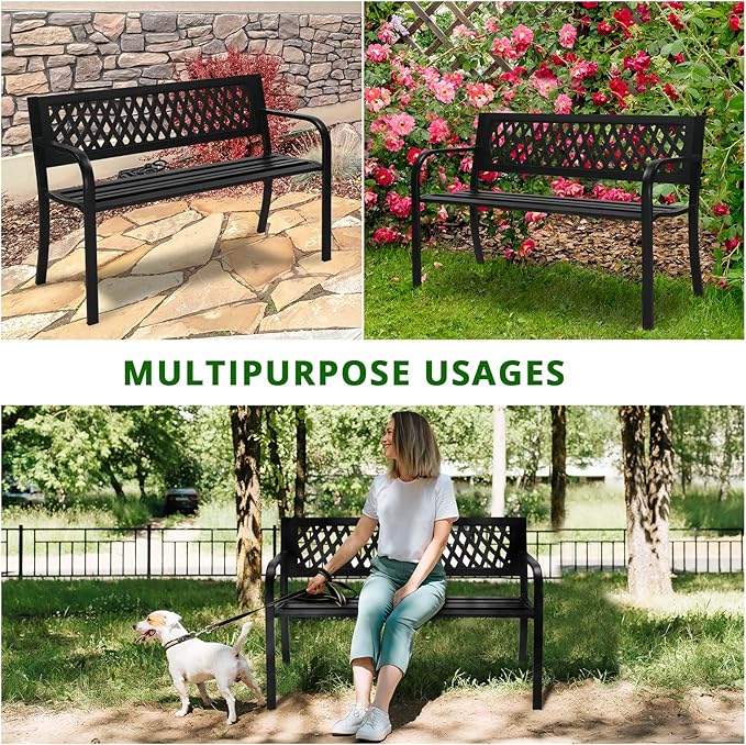 VINGLI 47'' Outdoor Bench, Weather Resistant Garden Patio Bench Powder Coated Iron Frame w/PVC Mesh Backrest Slatted Seat, 2-Person Outdoor Furniture for Front Porch Entryway Park (Black)