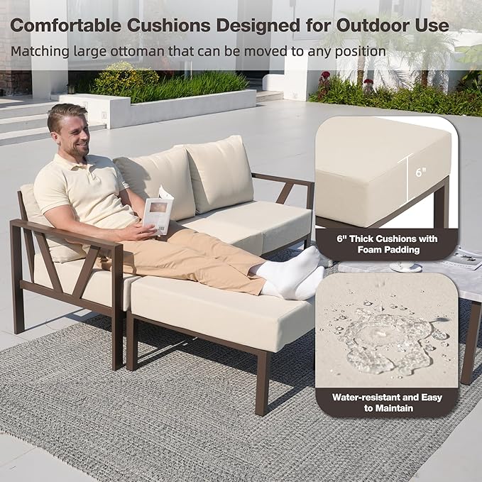 Outdoor Furniture Set, Outdoor Patio Couch Sectional with Ottoman, 3 Pieces Outdoor Patio Sofa Set Deep Seating with 6" Thick Cushions, Upgrade Beige