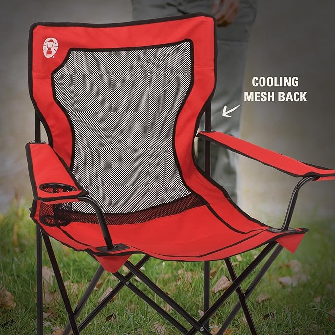 Coleman Broadband Mesh Quad Camping Chair with Carry Bag & Cup Holder, Cooling Mesh Back with Adjustable Arms, Great for Camping, Tailgating, Firepits, Patio, & More