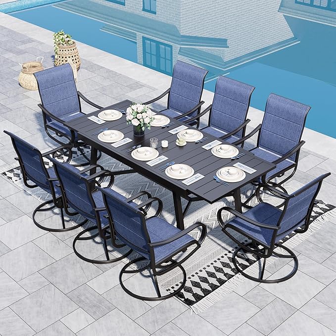 Sophia & William 9-Piece Patio Dining Set – 8 Swivel Chairs with Breathable Textiline Fabric & 84" Extendable Metal Table for Outdoor, Garden, Backyard（Blue）