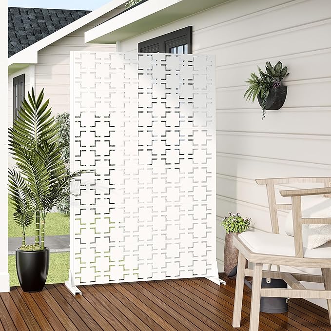 Casaphoria Metal Privacy Screen Outdoor, 72" H x 47" W Freestanding Decorative Privacy Screen for Patio Deck Balcony Garden with Stable Base, White Square