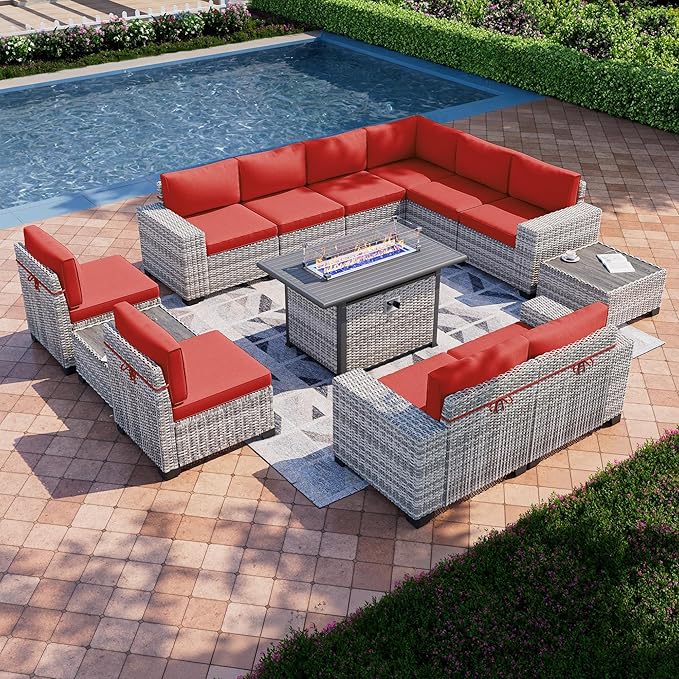 13-Piece Outdoor Patio Furniture Set with 55,000 BTU Fire Pit Table, PE Wicker Rattan Sectional Sofa Patio Conversation Set with Coffee Table, Red
