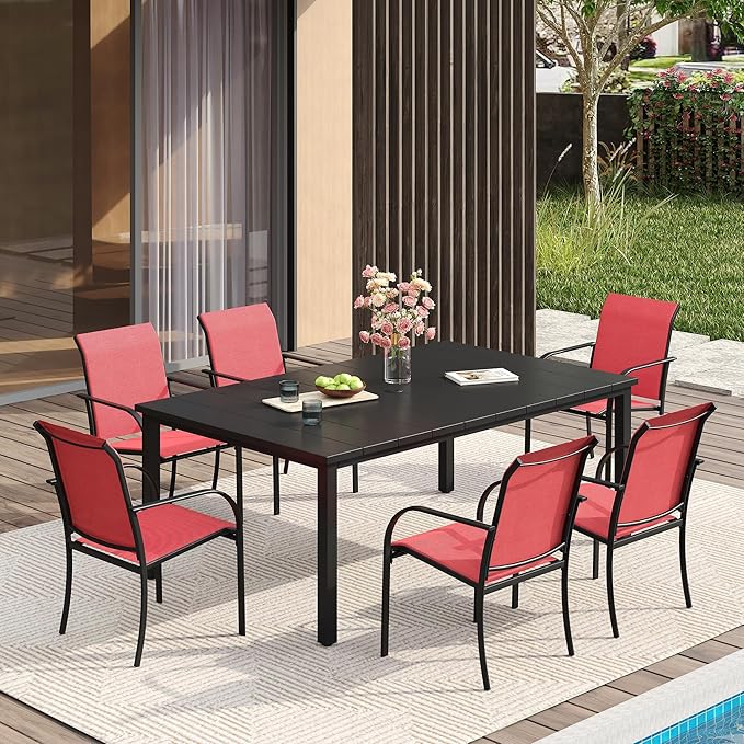 VICLLAX Patio Dining Set for 6, Outdoor Furniture Set Includes 63" Rectangle Patio Table and 6 Patio Sling Chairs, Outdoor Table and Chairs for Outsides, Black Tabletop and Red Fabric