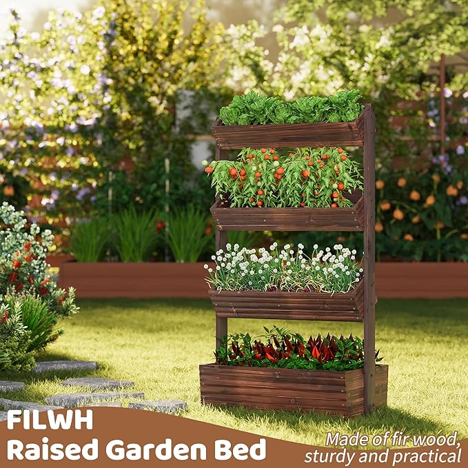FILWH Wooden Raised Garden Bed Vertical Planter Box, Freestanding Plant Stand for Indoor Outdoor Plants, Herbs, Flowers, Vegetables, Gardening (Carbonized, 4-Tier，29.9 x 17.9 x 55in)