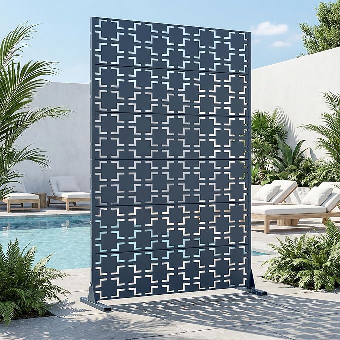 Casaphoria Metal Privacy Screen Outdoor, 72" H x 47" W Freestanding Decorative Privacy Screen for Patio Deck Balcony Garden with Stable Base, Blue-Square