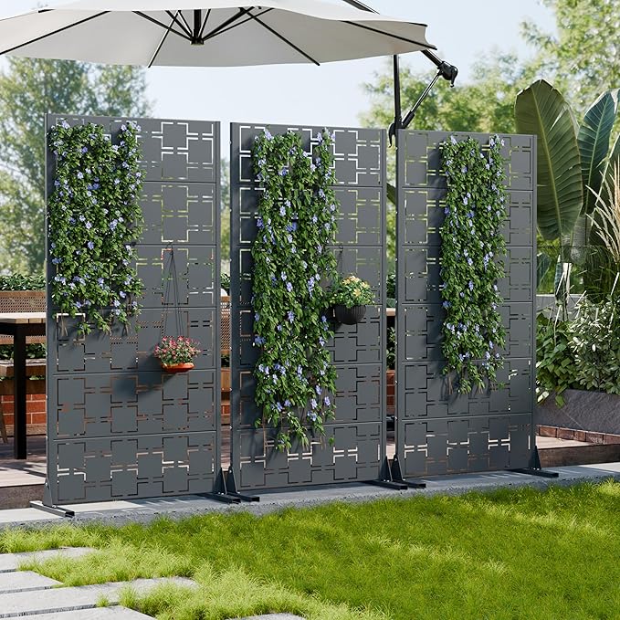 Casaphoria Metal Privacy Screen Outdoor, 60" H x 30" W Freestanding Decorative Privacy Screen for Patio Deck Balcony Garden with Stable Base, Darkgray-Square