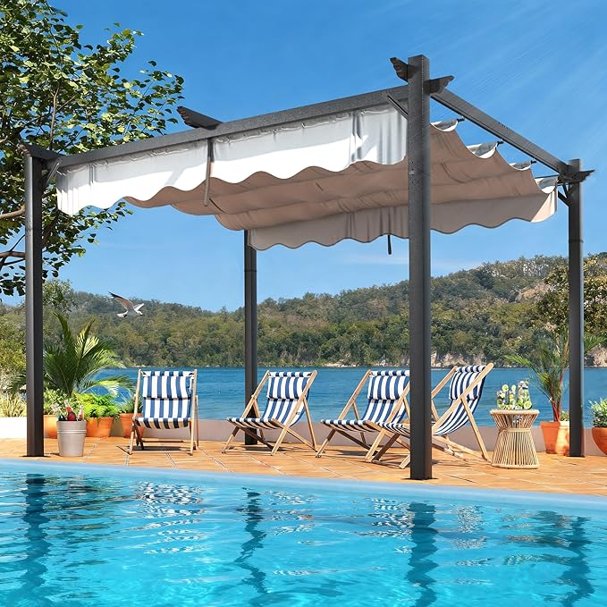 10'x12' Outdoor Pergola with Retractable Canopy, Patio Metal Heavy-Duty Gazebo Shelter for Backyard, Deck, Garden